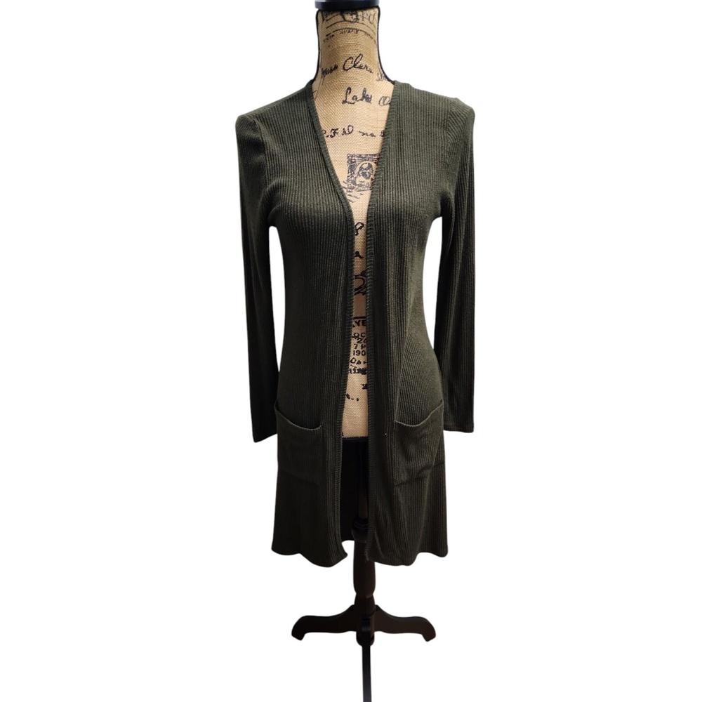 Cherish Olive Green Ribbed Knit Open Front Cardigan Duster‎ with Pockets M